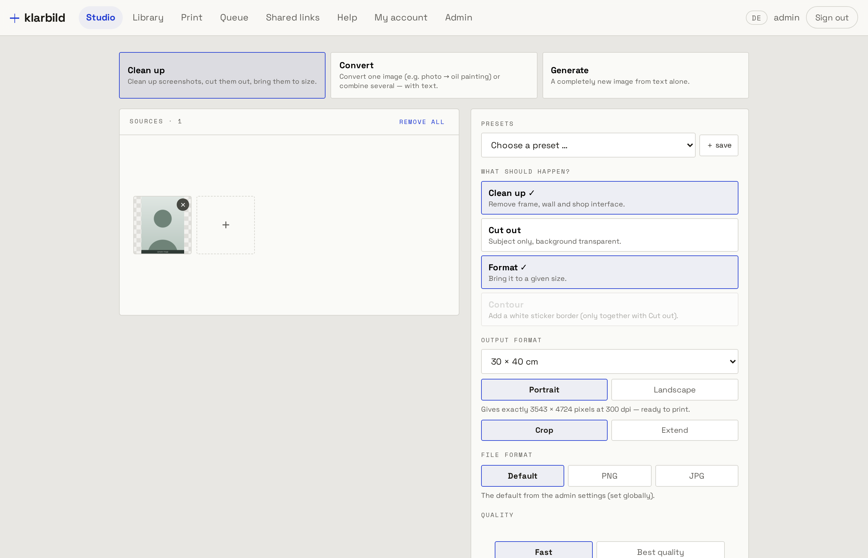 The studio with the module on: three modes, four tasks, saved presets, exact output size.